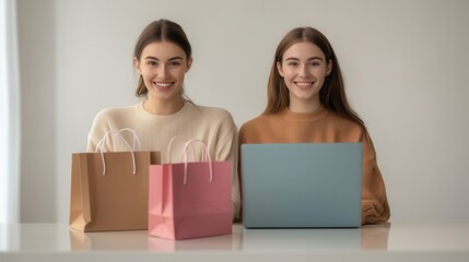 Two young women are happily planning their online shopping with laptop and shopping bags on table. They appear excited and engaged in their activity