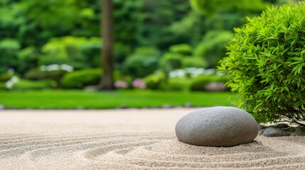 Zen Garden Tranquility: A single smooth stone rests on a bed of raked sand in a serene Japanese garden, surrounded by lush greenery. The image evokes a sense of peace, mindfulness, and balance.