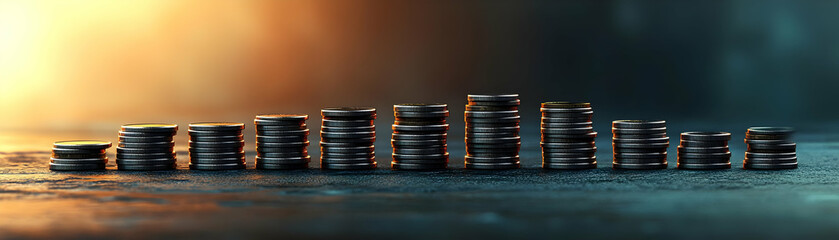 Wall Mural - Stacks of Coins Growth Chart Overhead Shot Neatly Arranged Coin Stacks Ascending Graph Plain Background Copy Space Emphasizing Growth Financial Progress Photo Stock Concept