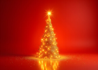 Aufkleber - Golden glitter shines on a red background under a shining Christmas tree with sparkling lights.