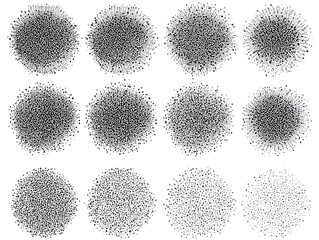 Poster - Abstract set of black stipple spray circle, dotted monochrome elements isolated on white background. Dissolving points, noise gradient