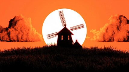 Breathtaking Sunset Over a Silhouetted Windmill and Clouds in a Rural Landscape