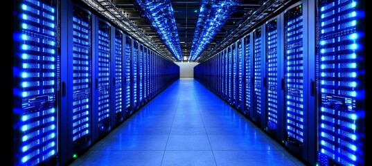 Poster - Server Room. Modern Data Center With Rows of Network Servers and Supercomputers, Big Data Concept.