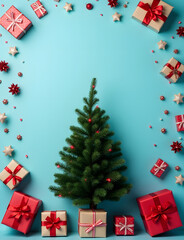 Poster - Gift boxes and decorations surround a fir tree on a blue background for a festive holiday flat lay card design.