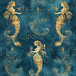 © Chanyapat - Elegant mermaid seamless pattern featuring golden mermaids on rich teal background. This enchanting design captures mythical beauty of mermaids, perfect for various creative projects