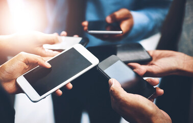 Poster - Business people, hands and phone screen with connectivity in a office with online data. Contact, collaboration and web management team on mobile with sales charts and social network for planning