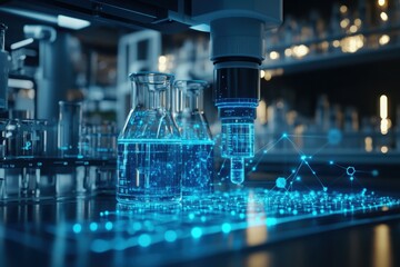 Poster - Advanced laboratory setup with glowing beakers and digital overlay in a scientific research facility