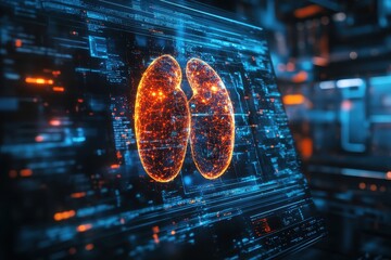 Poster - Digital representation of human kidneys with vibrant data visualization in a futuristic setting
