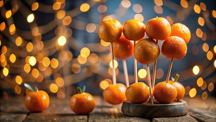 Wall Mural - Close up shot of mandarins on a stick with erythritol and festive lights at night