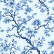 © Chanyapat - Elegant blue floral pattern featuring intricate branches and blossoms, perfect for adding touch of sophistication to any design project. seamless chinoiserie style enhances its charm and versatility