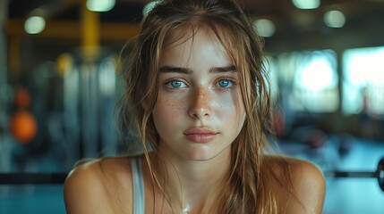 Determined Young Woman With Freckles Poses At The Gym, Portrait Of Fitness Girl After Workout