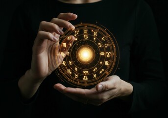 Woman holding a glowing zodiac wheel with astrological signs, astrology and modern magic concept