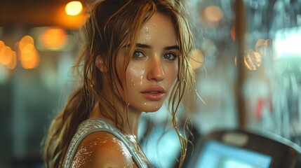 Young Woman with Sweaty Face After Intense Fitness Training in Well-Lit Modern Gym, Athletic Outfit