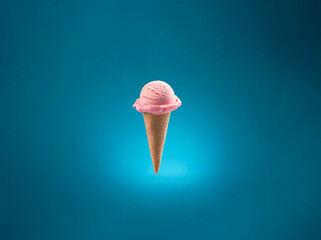 Poster - A pink ice cream cone against a blue background.