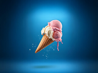 Poster - Ice cream cone with two scoops, one pink and one white, melting over a blue background.