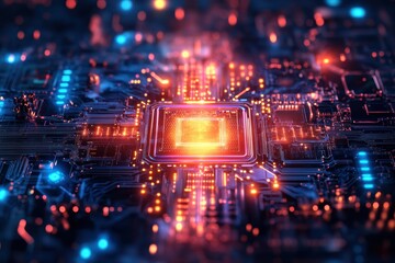 Poster - A close-up of a glowing microprocessor on a complex circuit board at night