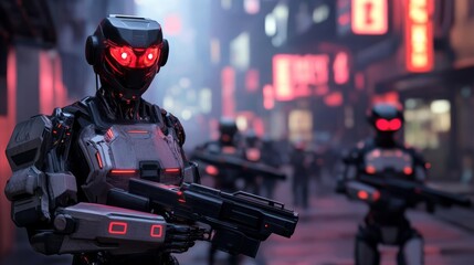 Robots fighting off an alien invasion in the streets of a cyberpunk metropolis