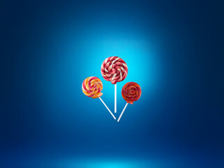 Aufkleber - Three colorful lollipops with white sticks against a blue background.