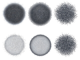 Poster - Abstract set of black stipple spray circle, dotted monochrome elements isolated on white background. Dissolving points, noise gradient