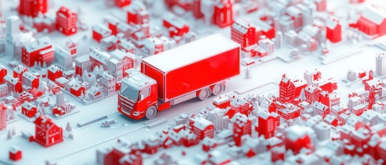 Wall Mural - Red Truck Delivering Goods in a White City.