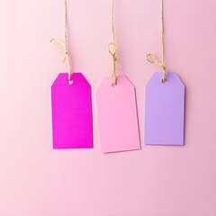 Colorful hanging tags in blue, purple, pink and lavender on pastel background. Bright and playful label design. Retail or gift tag concept. Design for promotion, stationery and marketing material