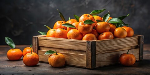 Wall Mural - Close-Up Box with fresh, juicy tangerines in wooden box on dark background with space