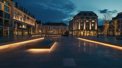 Poster - A beautifully lit urban square with modern and classical architecture, glowing in warm lights at night.