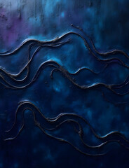 Poster - Dark blues and purples create a gritty wave pattern with geometric shapes on a noisy, shimmering design background.