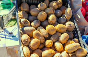 Wall Mural - Background of many kiwis. Close-up of a kiwi in full frame at the market. Store background. Healthy food. Images of vegetable products. Vegetarian food.