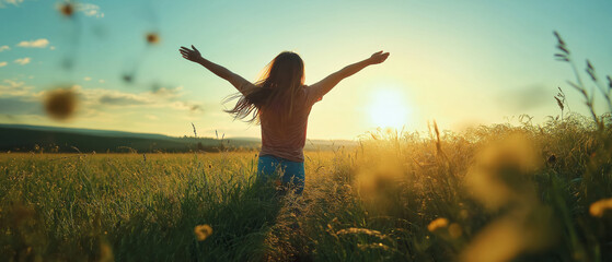 Woman enjoying the sunset in a summer meadow, standing with arms raised in celebration of nature, freedom, and the beauty of the outdoors