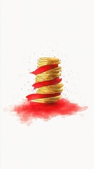 Canvas Print - Stack of Gold Coins with Red Ribbon and Watercolor Splashes.