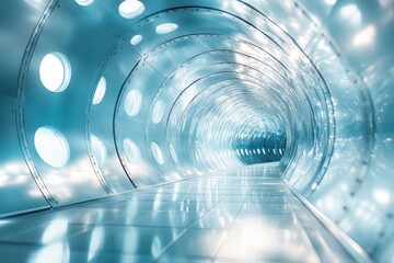 Poster - A futuristic tunnel illuminated by blue light with circular windows leading into the unknown