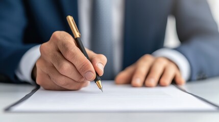 business person is signing a document with a pen on a white desk.