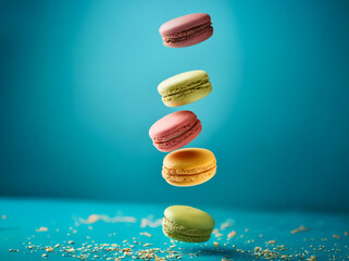 Poster - Three colorful macarons are floating against a blue background.