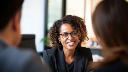 Poster - close up photo of a black middle age female lawyer with clients.