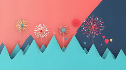 Poster - Abstract Colorful Paper Cutout Landscape with Fireworks