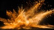 © Artfinity - Orange dust particles explosion on a black background. Color powder dust splash.  Gold glitter powder splash background. Festive golden scattered dust particles. Magic mist glowing