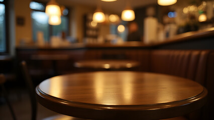 Poster - Blurry photo shows empty wooden table with gold accents in a dimly lit cafe setting.