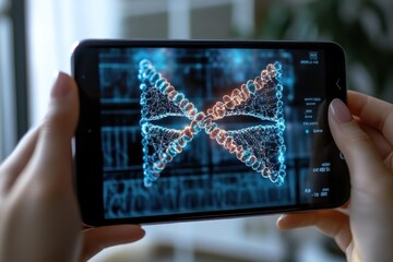 Poster - Exploring DNA structures on a smartphone screen in a modern workspace setting