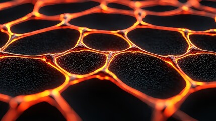 close-up of intricate lava texture, showcasing glowing edges and dark surfaces, isolated on black.