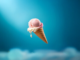 Poster - Pink and white ice cream melting in a waffle cone.