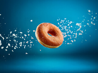 Poster - A single sugared donut is suspended in mid-air against a bright blue background.  White sugar crystals are scattered around the donut as it falls.