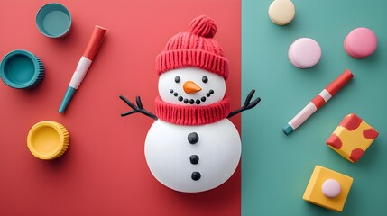 Wall Mural - Snowman with Red Hat  Winter Festive Minimalist Background