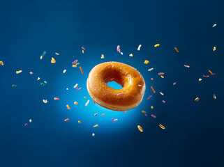 Poster - A glazed donut with sprinkles suspended in mid-air against a blue background.