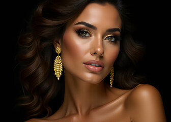 Aufkleber - Beautiful woman showcases glamorous style with gold makeup, hair, and jewelry in a dark background setting.