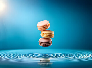 Aufkleber - Three colorful macarons are stacked in midair, floating against a solid blue background.