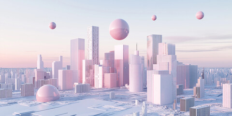 Poster - Futuristic pastel cityscape with spheres floating in the sky