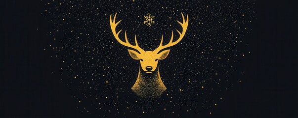 Wall Mural - Golden Deer Silhouette with Snowflake on Black Background.