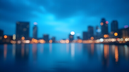 Poster - Abstract cityscape features blurred light effects against a bright blue backdrop with unique bokeh patterns.