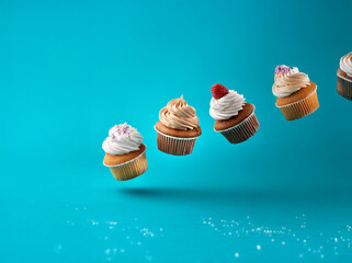 Poster - Three cupcakes with different toppings floating against a bright blue background.